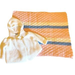 Vintage Set Baby Kisses White Hooded Knit Sweater Pastel Striped Blanket 30x24"